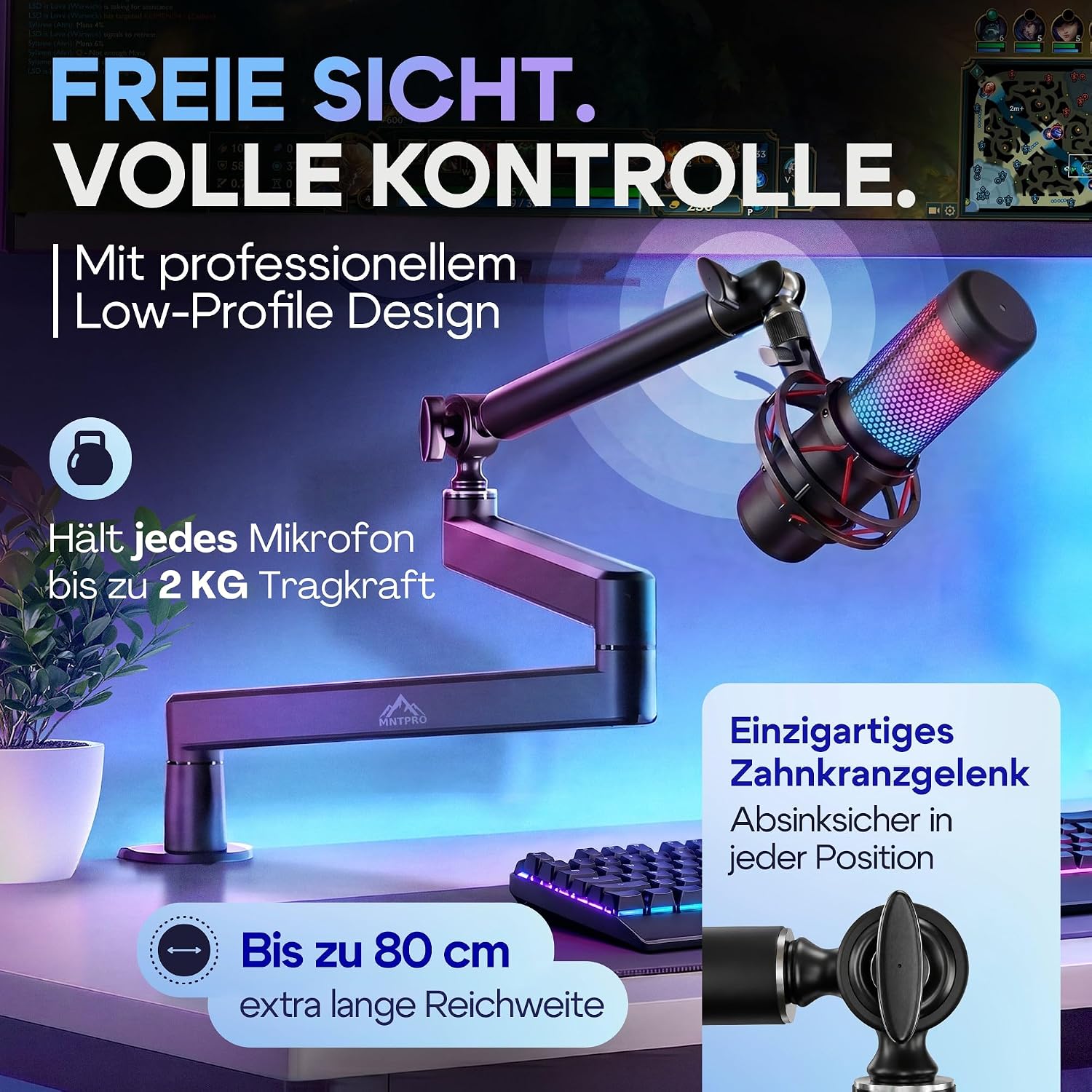 MNTPRO Low-Profile Mikrofonarm im modernen Gaming-Setup unterhalb eines Curved-Monitors