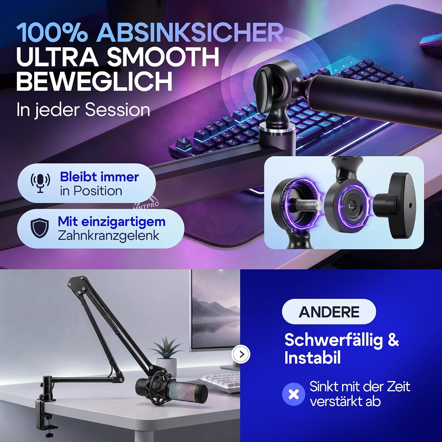 Detailaufnahme des Zahnkranzgelenks am MNTPRO Mikrofonarm